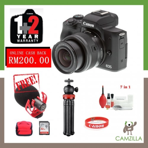 youtuber set canon eos m50 with 15 45mm lens black canon malaysia free 32gb memory card